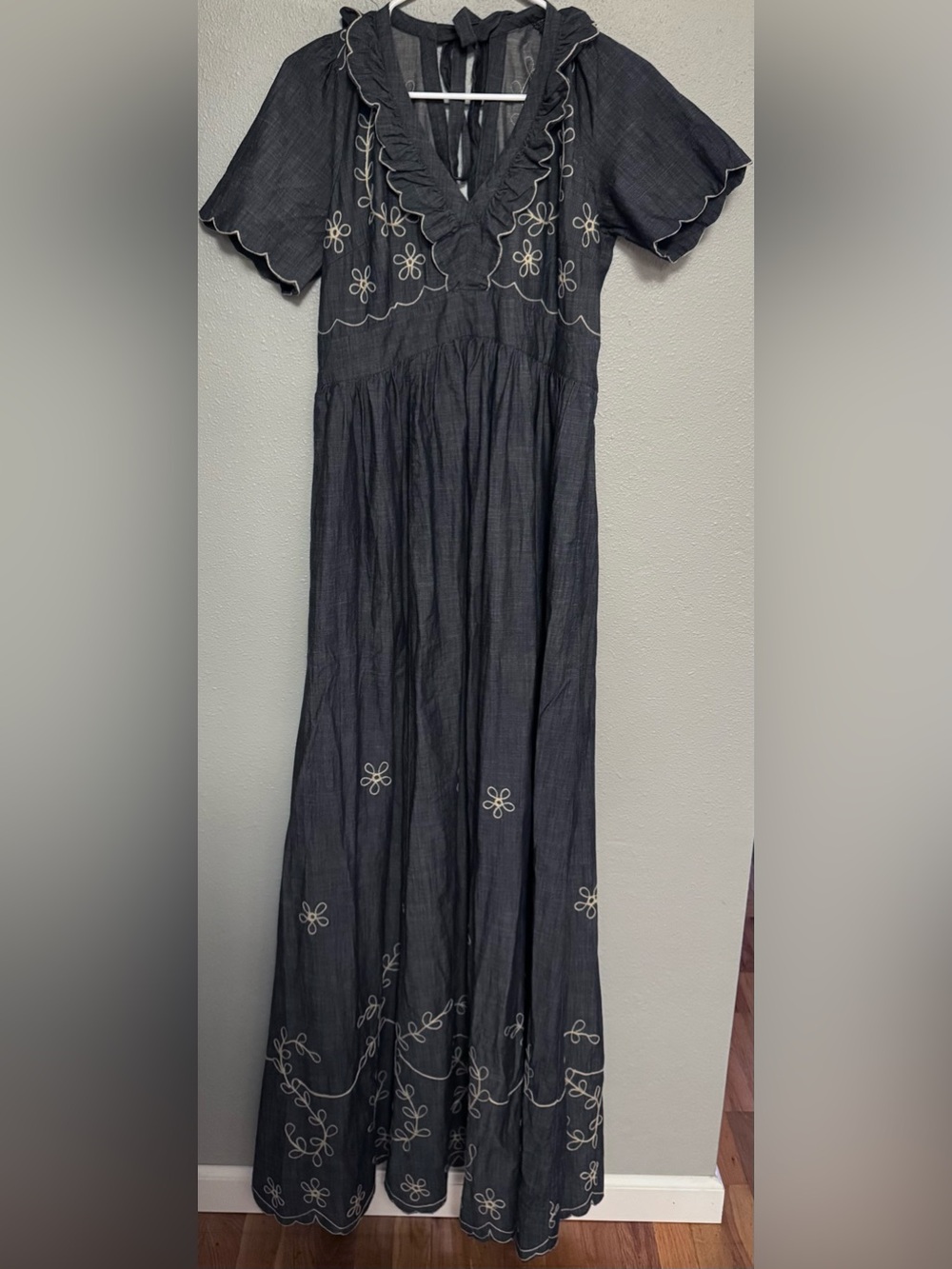 Chambray Maxi Dress with Embroidered Floral Detailing